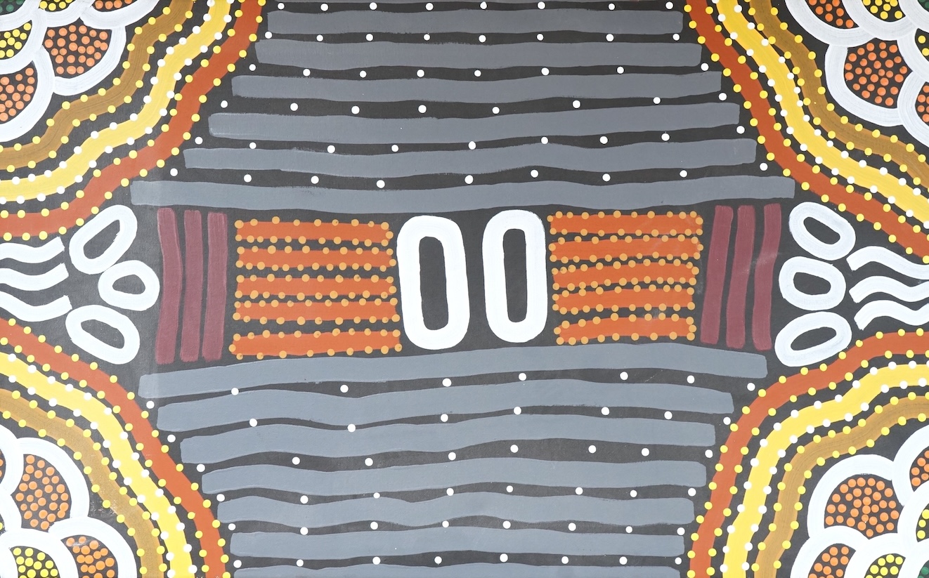 Aboriginal School, 'Flinderes rangers dreaming', indistinctly signed and dated 2008 verso, oil on canvas, 56 x 91cm, unframed
